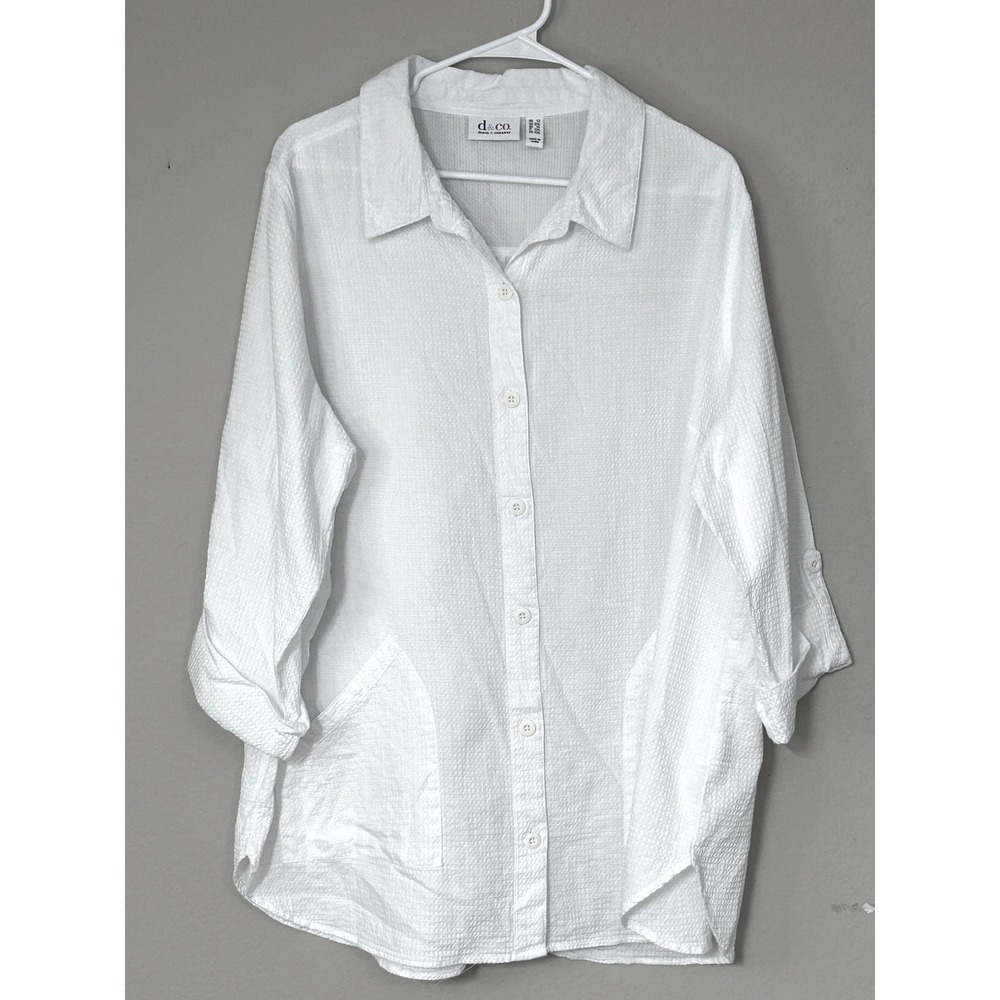 Denim & Co White Seersucker Button Up Tunic Shirt Roll Tab Sleeve 1X